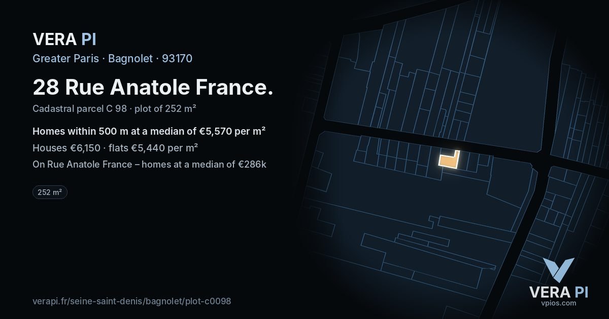 28 Rue Anatole France, Bagnolet at night – the plot lit, the parcels around coloured by the prices near them