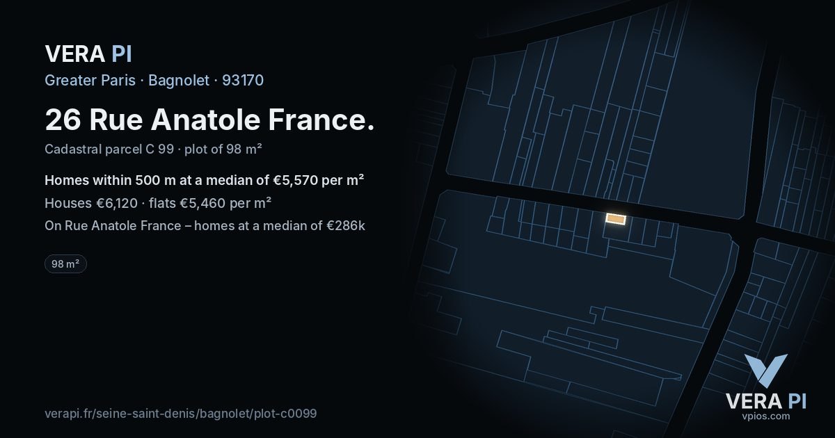 26 Rue Anatole France, Bagnolet at night – the plot lit, the parcels around coloured by the prices near them