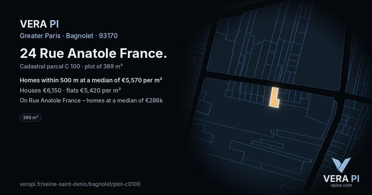 24 Rue Anatole France, Bagnolet at night – the plot lit, the parcels around coloured by the prices near them