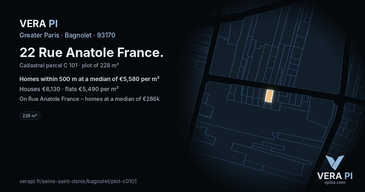 22 Rue Anatole France, Bagnolet at night – the plot lit, the parcels around coloured by the prices near them