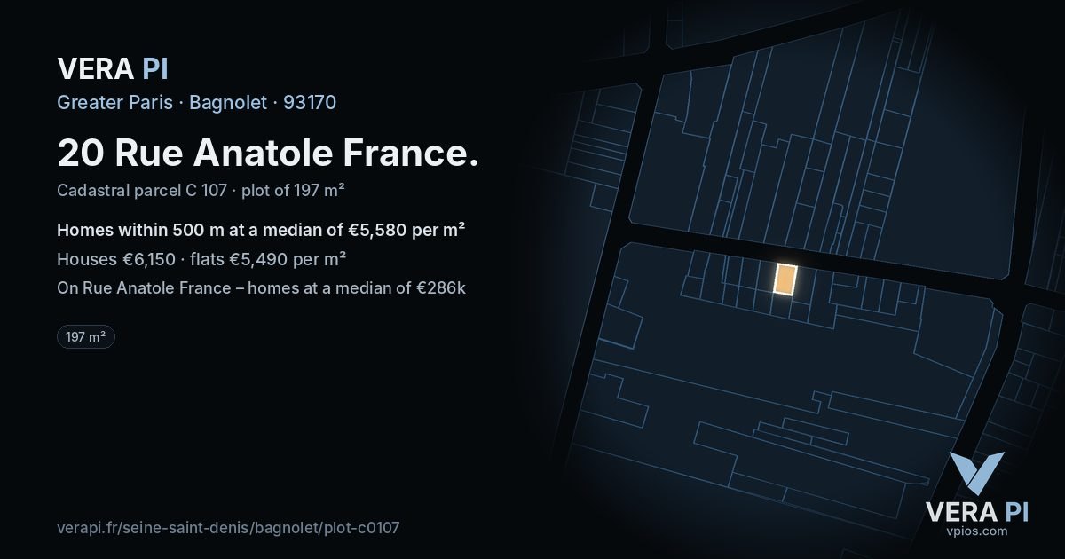 20 Rue Anatole France, Bagnolet at night – the plot lit, the parcels around coloured by the prices near them