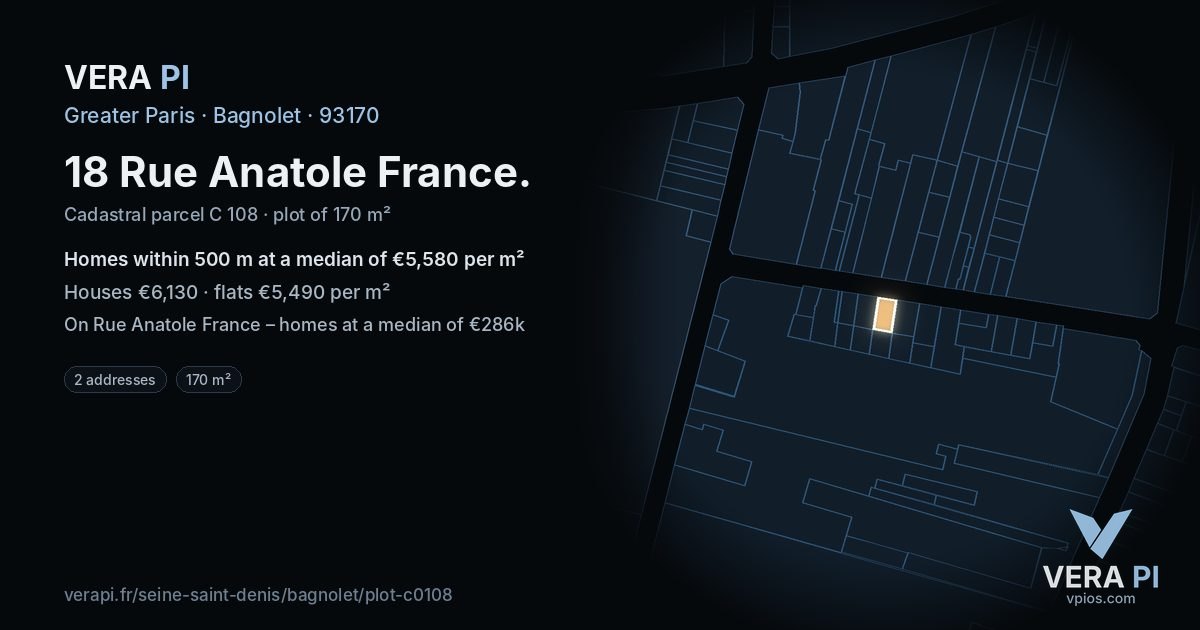 18 Rue Anatole France, Bagnolet at night – the plot lit, the parcels around coloured by the prices near them