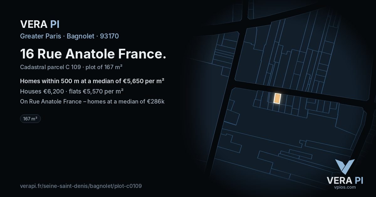 16 Rue Anatole France, Bagnolet at night – the plot lit, the parcels around coloured by the prices near them