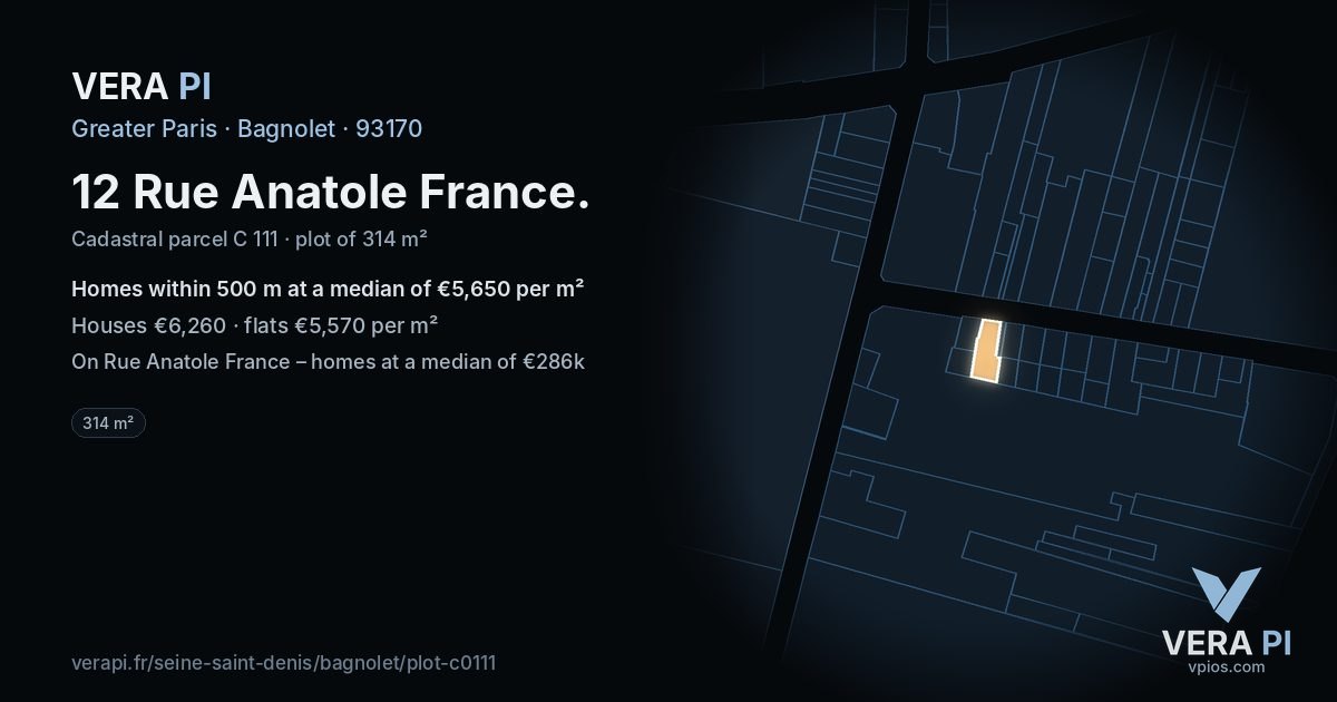 12 Rue Anatole France, Bagnolet at night – the plot lit, the parcels around coloured by the prices near them