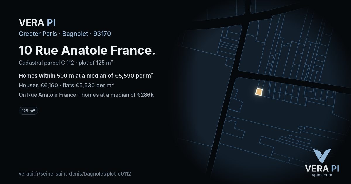 10 Rue Anatole France, Bagnolet at night – the plot lit, the parcels around coloured by the prices near them