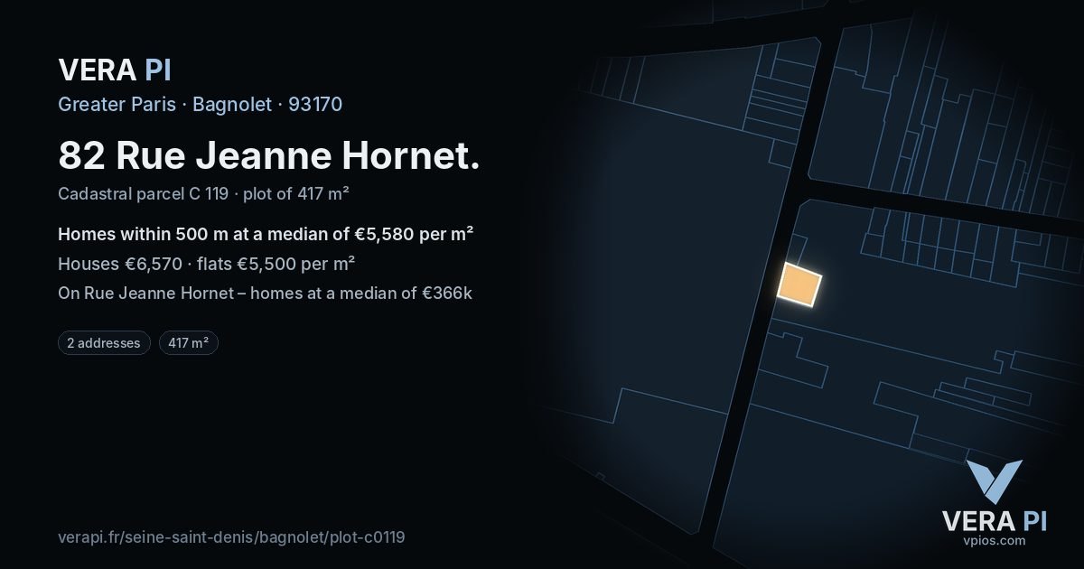 82 Rue Jeanne Hornet, Bagnolet at night – the plot lit, the parcels around coloured by the prices near them