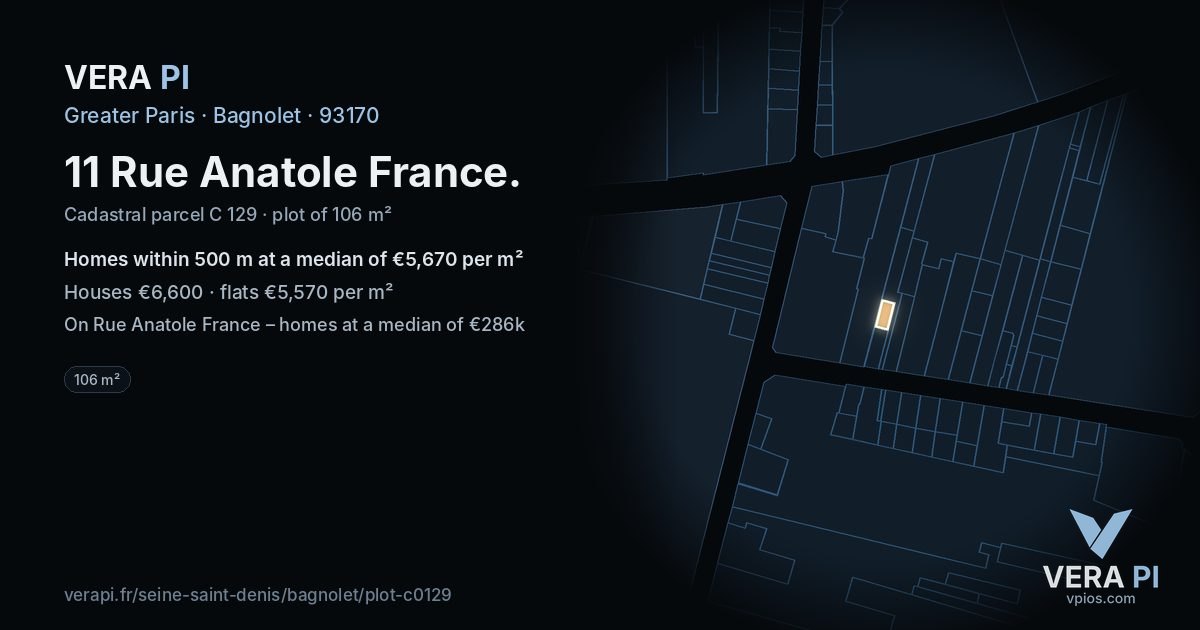 11 Rue Anatole France, Bagnolet at night – the plot lit, the parcels around coloured by the prices near them