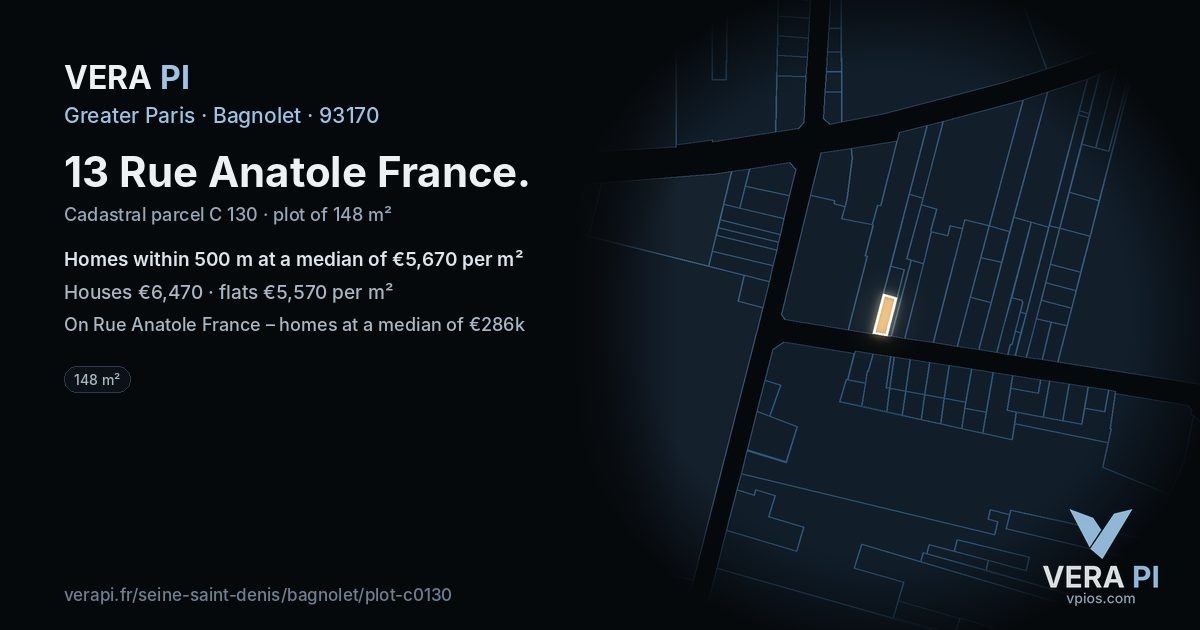 13 Rue Anatole France, Bagnolet at night – the plot lit, the parcels around coloured by the prices near them