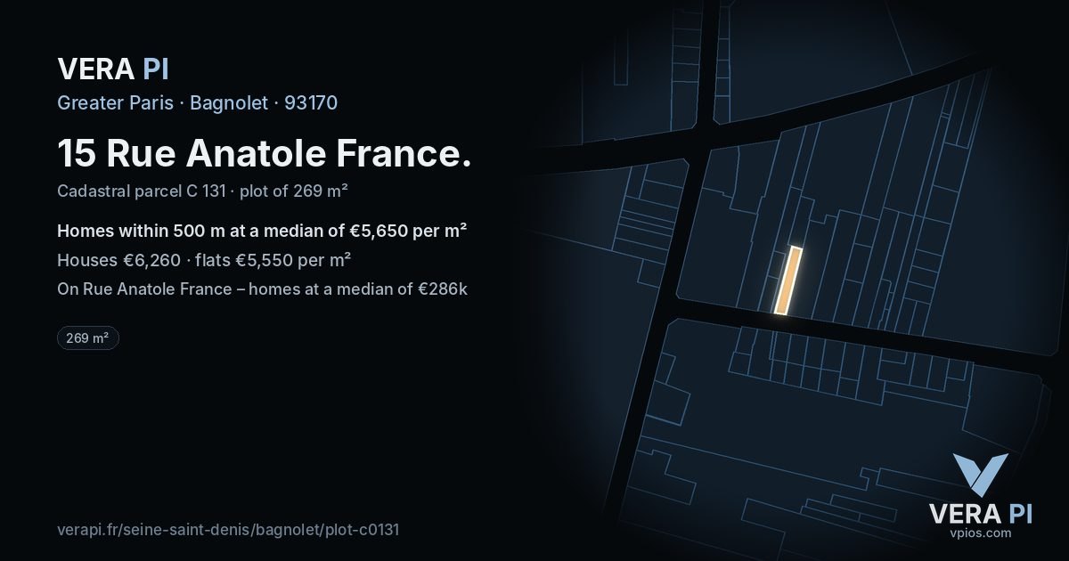 15 Rue Anatole France, Bagnolet at night – the plot lit, the parcels around coloured by the prices near them