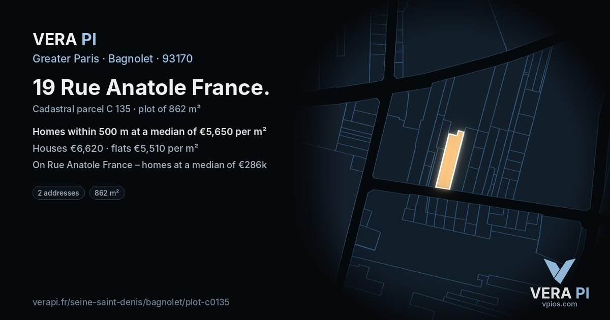 19 Rue Anatole France, Bagnolet at night – the plot lit, the parcels around coloured by the prices near them