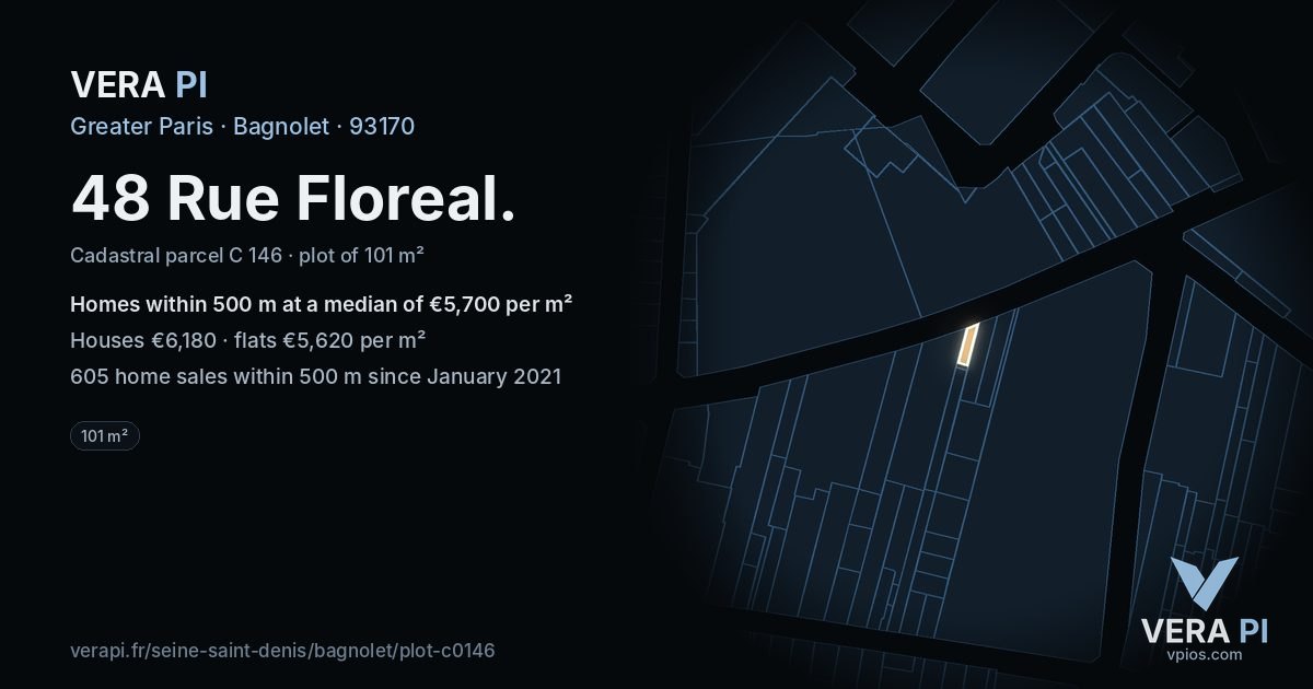 48 Rue Floreal, Bagnolet at night – the plot lit, the parcels around coloured by the prices near them