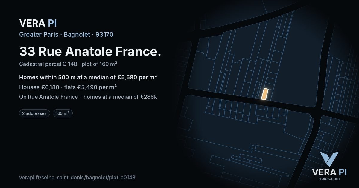 33 Rue Anatole France, Bagnolet at night – the plot lit, the parcels around coloured by the prices near them