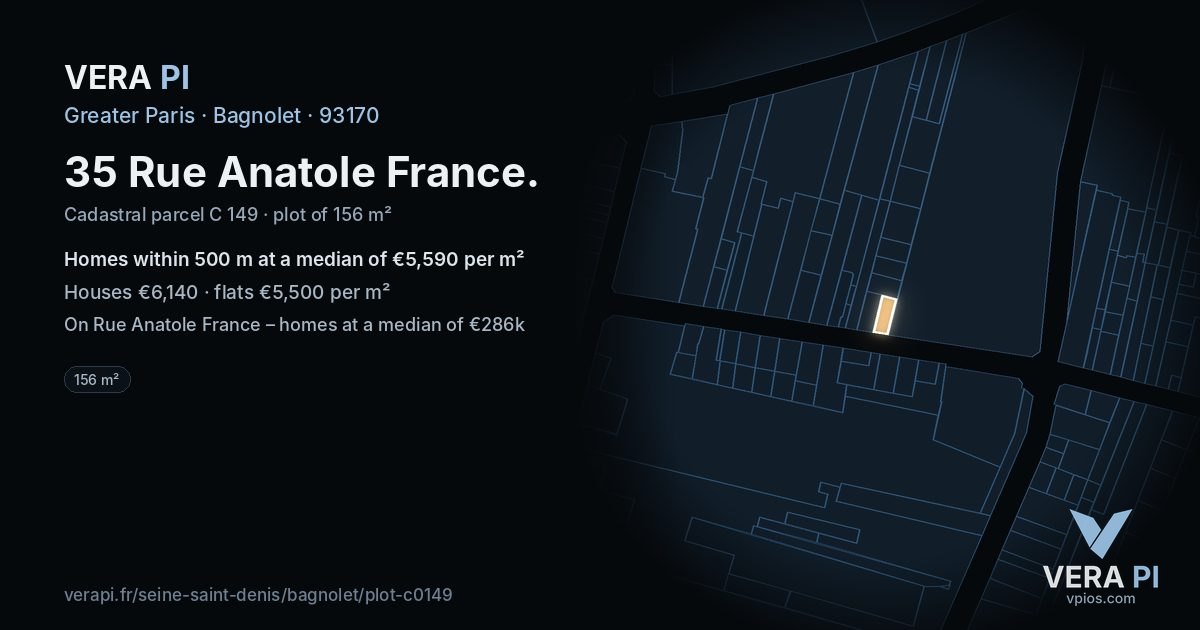 35 Rue Anatole France, Bagnolet at night – the plot lit, the parcels around coloured by the prices near them