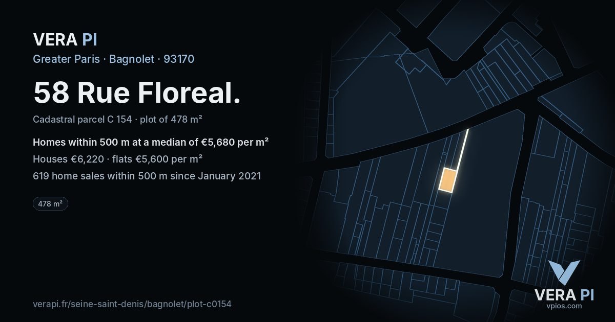 58 Rue Floreal, Bagnolet at night – the plot lit, the parcels around coloured by the prices near them