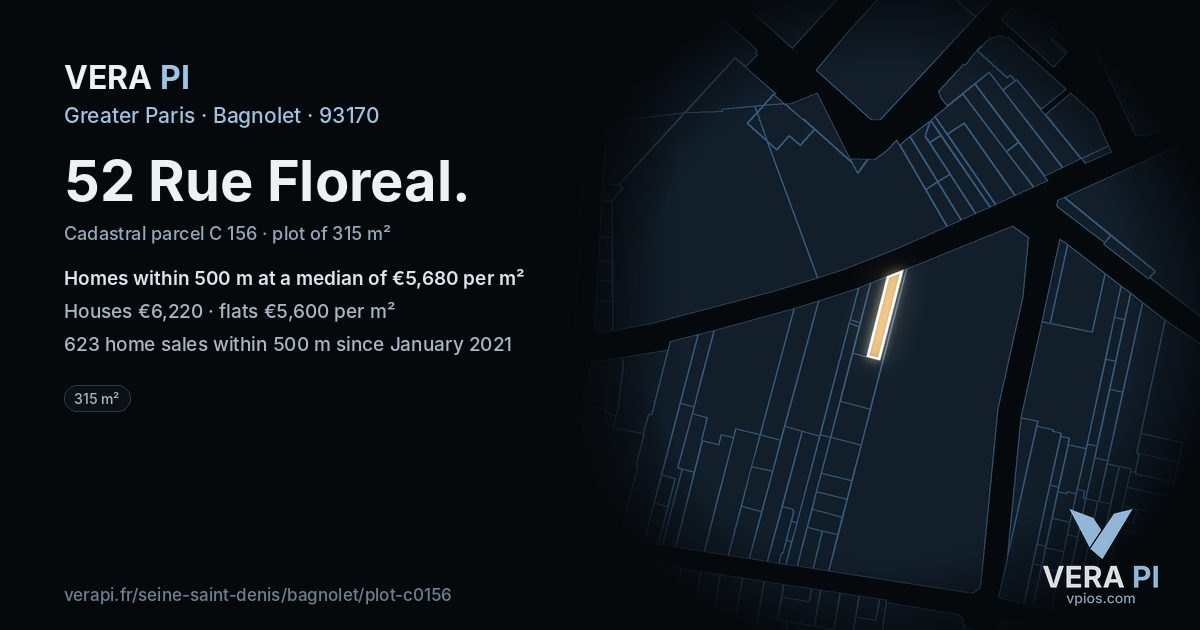 52 Rue Floreal, Bagnolet at night – the plot lit, the parcels around coloured by the prices near them