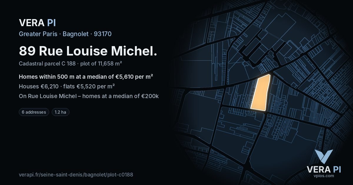 89 Rue Louise Michel, Bagnolet at night – the plot lit, the parcels around coloured by the prices near them