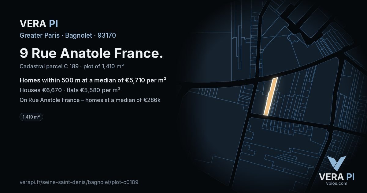 9 Rue Anatole France, Bagnolet at night – the plot lit, the parcels around coloured by the prices near them