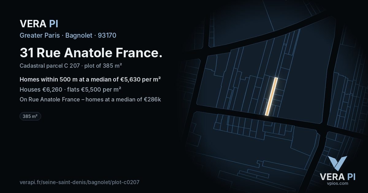 31 Rue Anatole France, Bagnolet at night – the plot lit, the parcels around coloured by the prices near them