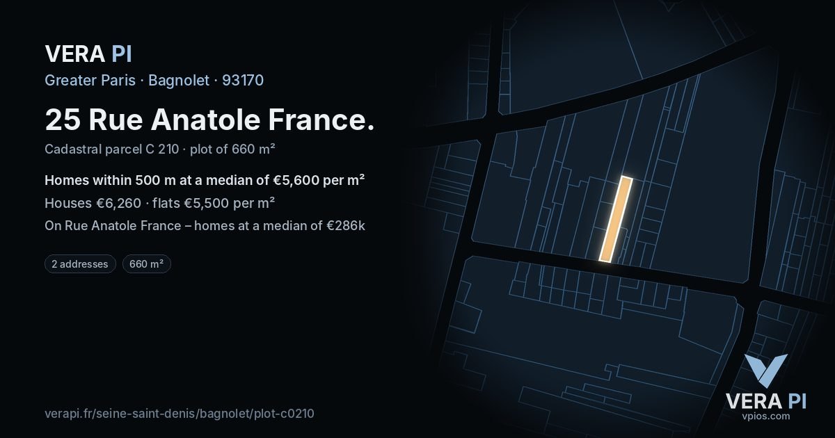 25 Rue Anatole France, Bagnolet at night – the plot lit, the parcels around coloured by the prices near them