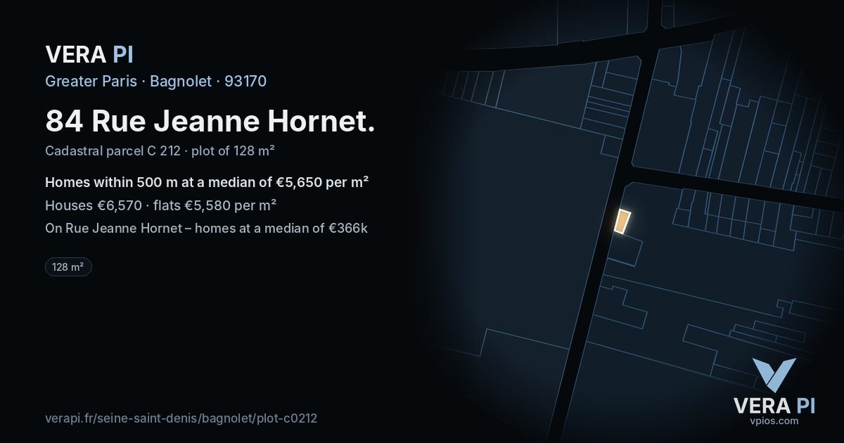 84 Rue Jeanne Hornet, Bagnolet at night – the plot lit, the parcels around coloured by the prices near them