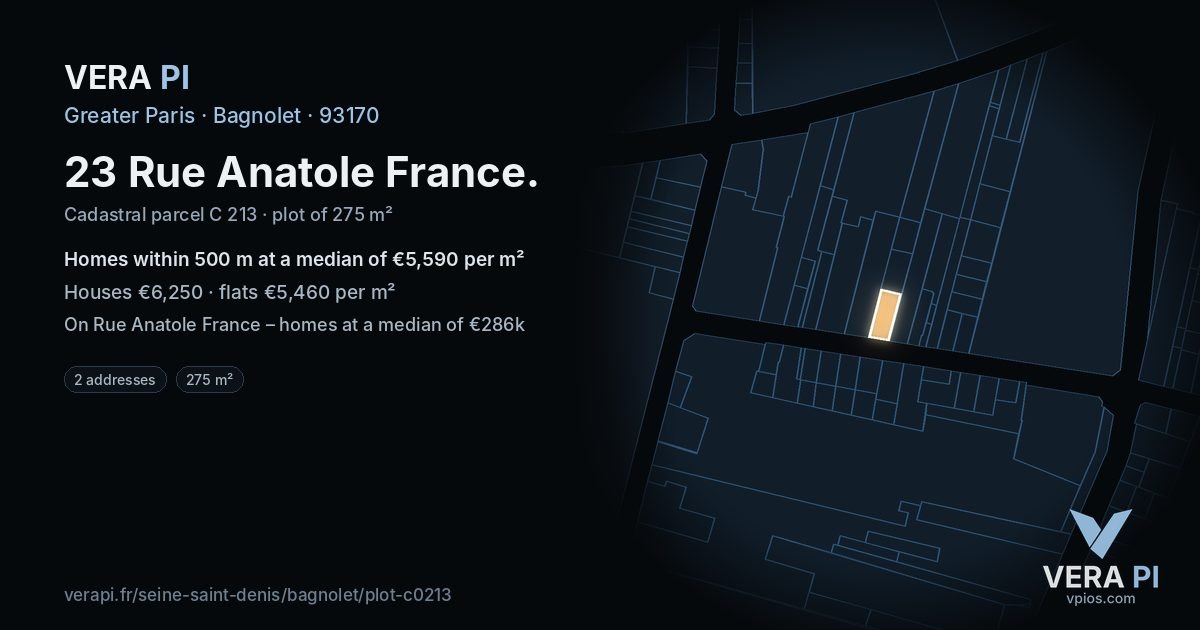 23 Rue Anatole France, Bagnolet at night – the plot lit, the parcels around coloured by the prices near them