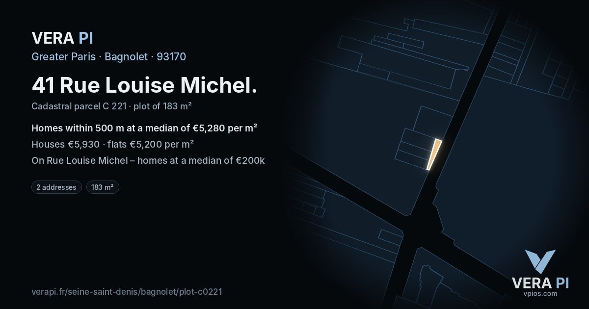 41 Rue Louise Michel, Bagnolet at night – the plot lit, the parcels around coloured by the prices near them