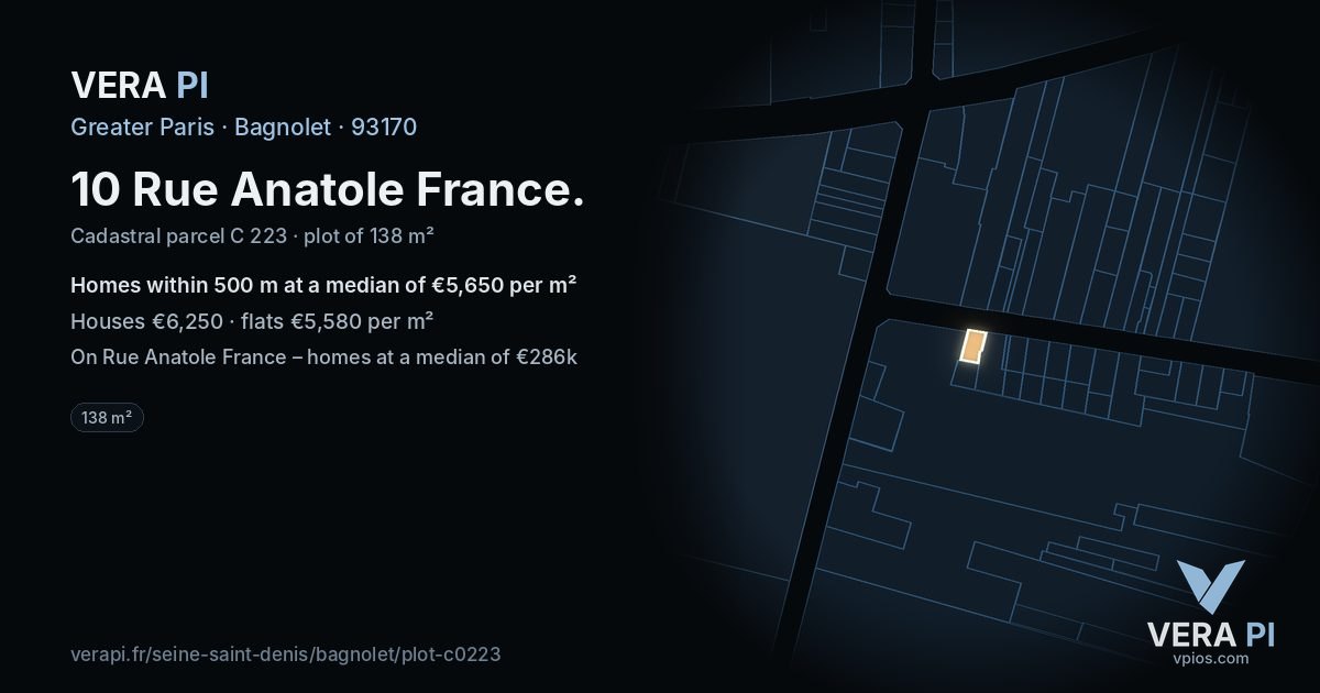 10 Rue Anatole France, Bagnolet at night – the plot lit, the parcels around coloured by the prices near them