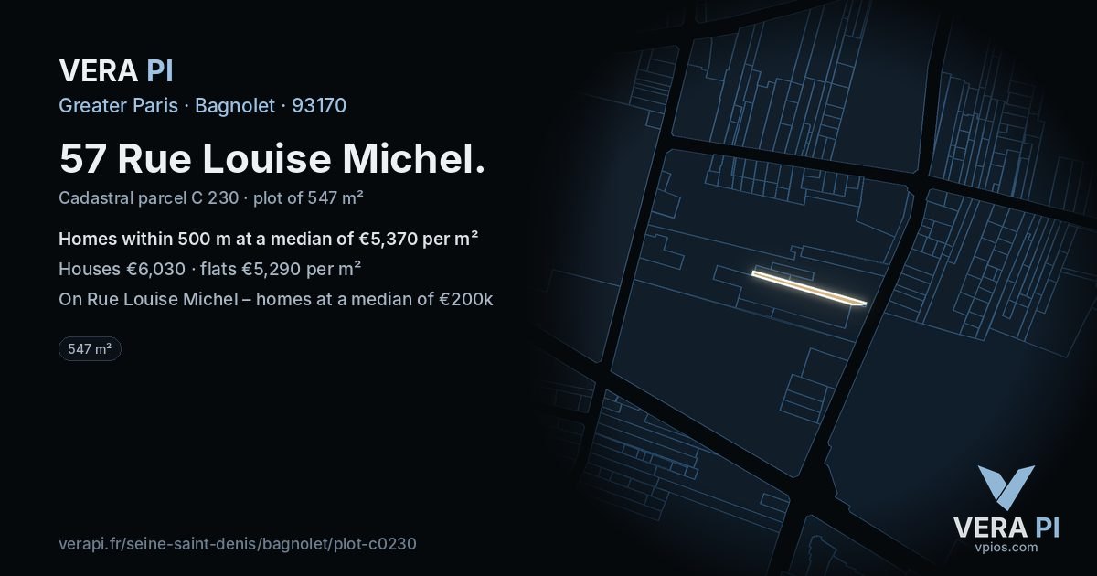 57 Rue Louise Michel, Bagnolet at night – the plot lit, the parcels around coloured by the prices near them