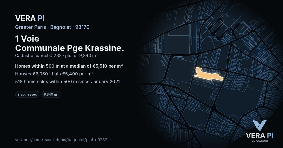 1 Voie Communale Pge Krassine, Bagnolet at night – the plot lit, the parcels around coloured by the prices near them