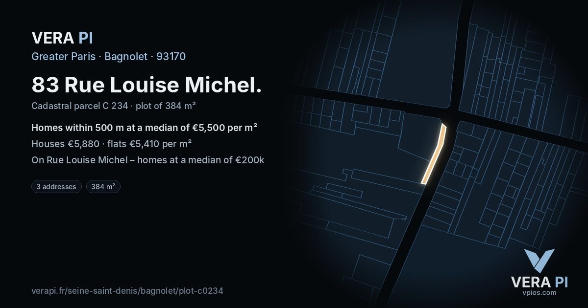83 Rue Louise Michel, Bagnolet at night – the plot lit, the parcels around coloured by the prices near them