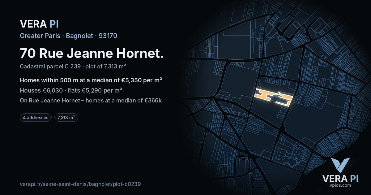 70 Rue Jeanne Hornet, Bagnolet at night – the plot lit, the parcels around coloured by the prices near them
