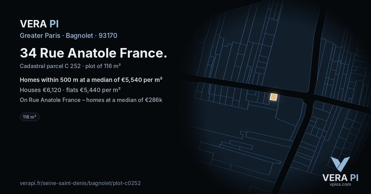 34 Rue Anatole France, Bagnolet at night – the plot lit, the parcels around coloured by the prices near them