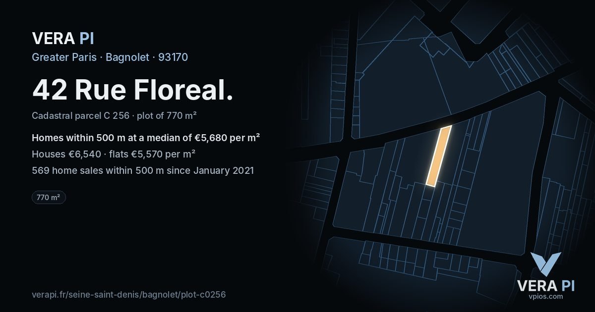 42 Rue Floreal, Bagnolet at night – the plot lit, the parcels around coloured by the prices near them