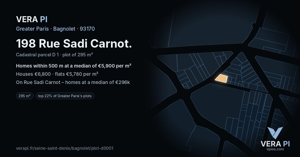 198 Rue Sadi Carnot, Bagnolet at night – the plot lit, the parcels around coloured by the prices near them