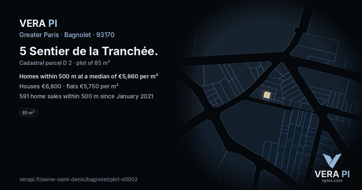 5 Sentier de la Tranchée, Bagnolet at night – the plot lit, the parcels around coloured by the prices near them