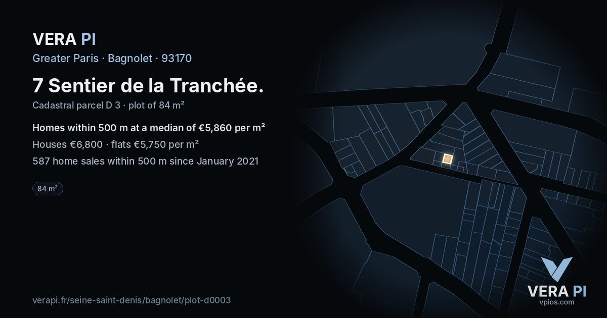 7 Sentier de la Tranchée, Bagnolet at night – the plot lit, the parcels around coloured by the prices near them