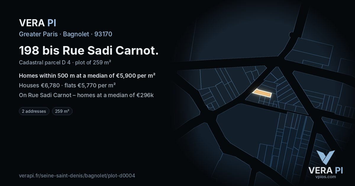 198 bis Rue Sadi Carnot, Bagnolet at night – the plot lit, the parcels around coloured by the prices near them