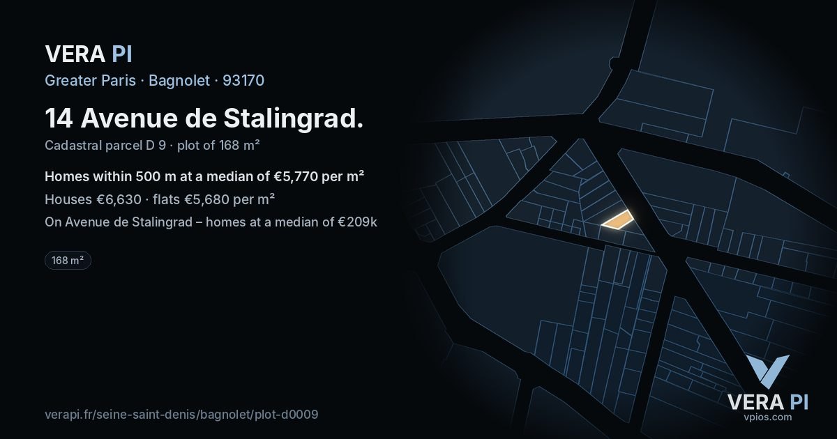 14 Avenue de Stalingrad, Bagnolet at night – the plot lit, the parcels around coloured by the prices near them