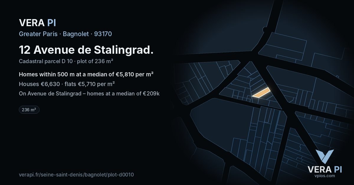 12 Avenue de Stalingrad, Bagnolet at night – the plot lit, the parcels around coloured by the prices near them