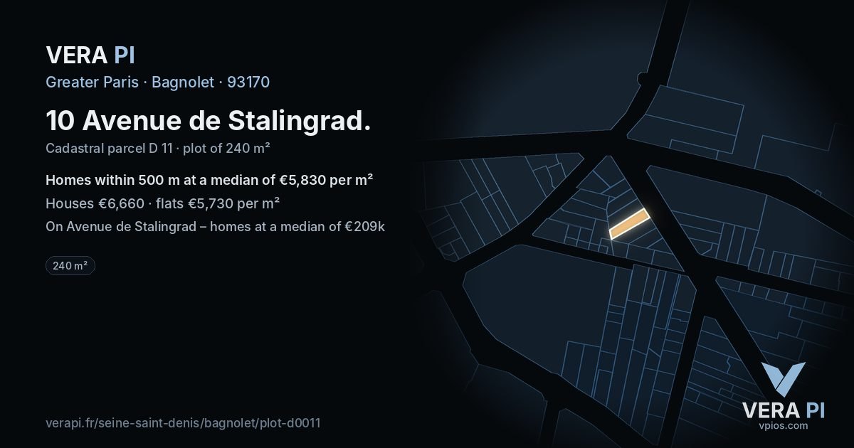 10 Avenue de Stalingrad, Bagnolet at night – the plot lit, the parcels around coloured by the prices near them