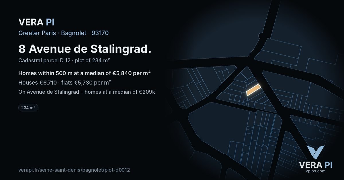 8 Avenue de Stalingrad, Bagnolet at night – the plot lit, the parcels around coloured by the prices near them
