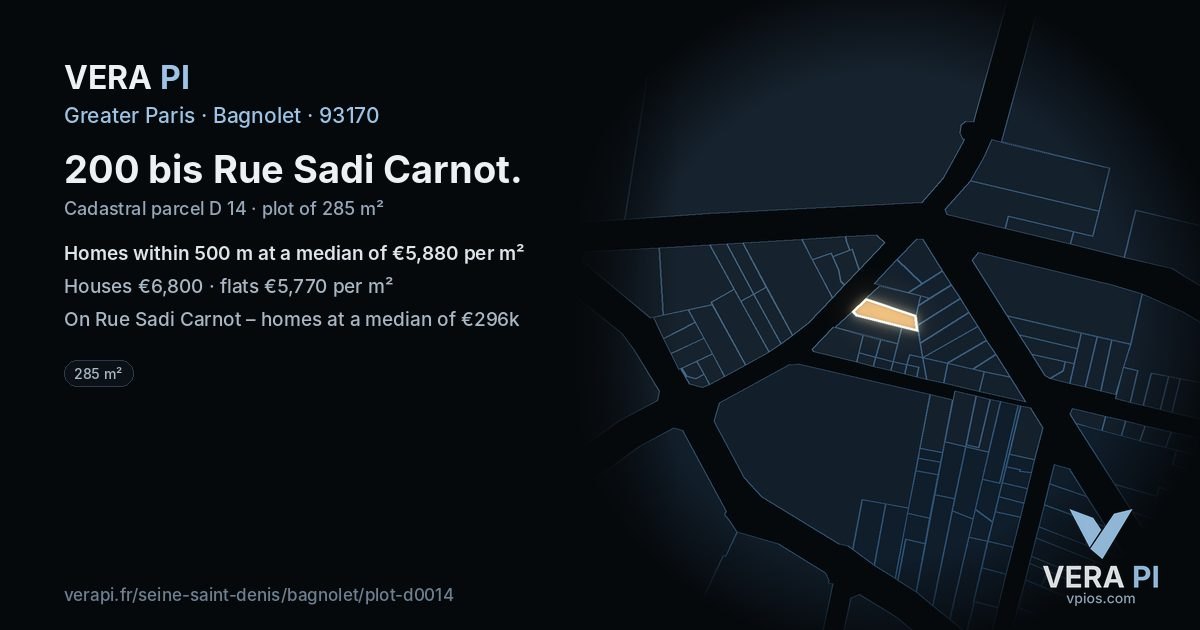 200 bis Rue Sadi Carnot, Bagnolet at night – the plot lit, the parcels around coloured by the prices near them