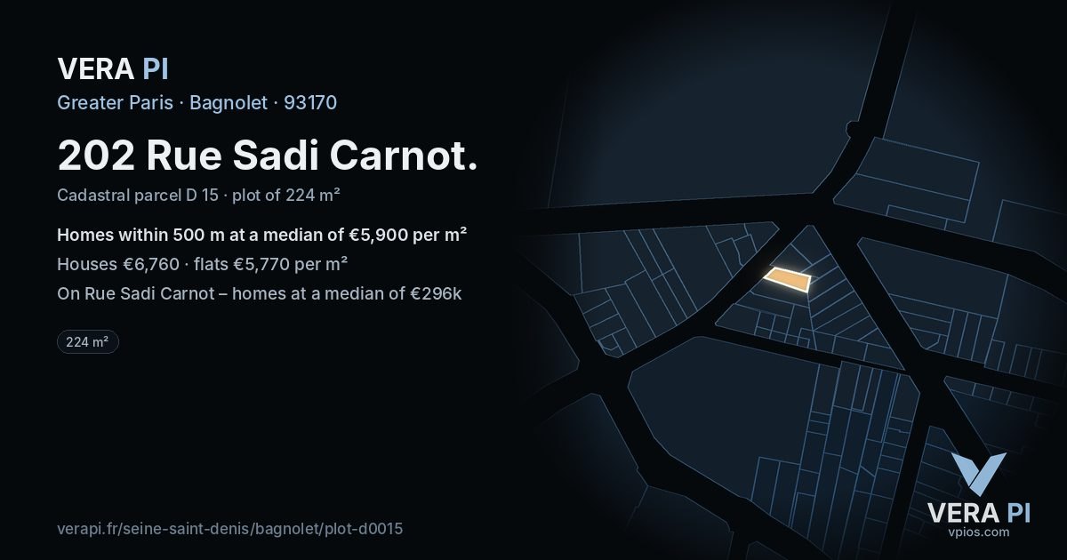 202 Rue Sadi Carnot, Bagnolet at night – the plot lit, the parcels around coloured by the prices near them
