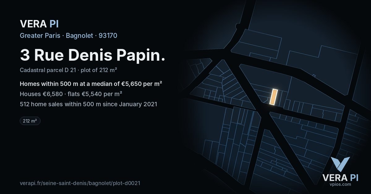 3 Rue Denis Papin, Bagnolet at night – the plot lit, the parcels around coloured by the prices near them