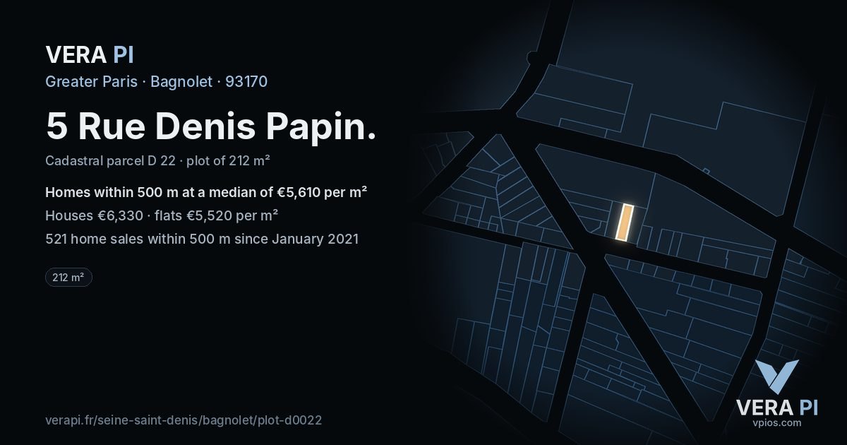 5 Rue Denis Papin, Bagnolet at night – the plot lit, the parcels around coloured by the prices near them