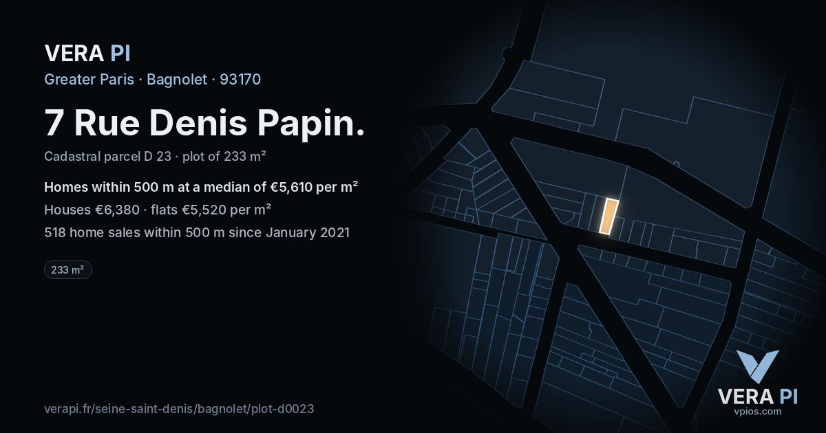 7 Rue Denis Papin, Bagnolet at night – the plot lit, the parcels around coloured by the prices near them