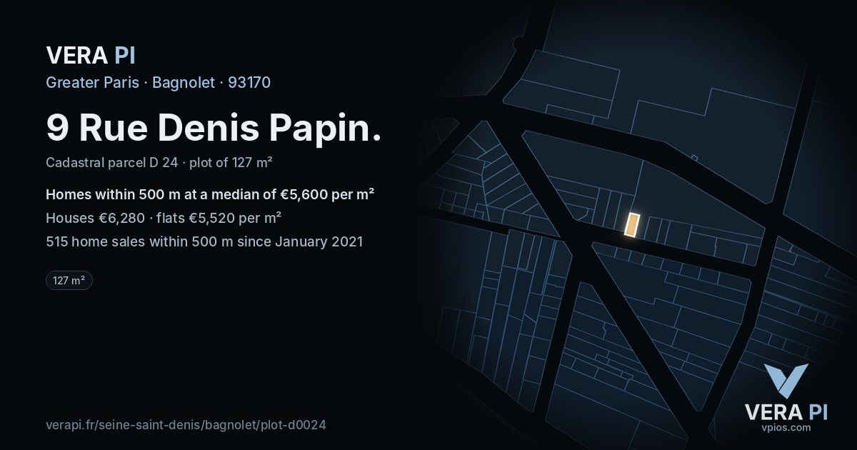 9 Rue Denis Papin, Bagnolet at night – the plot lit, the parcels around coloured by the prices near them