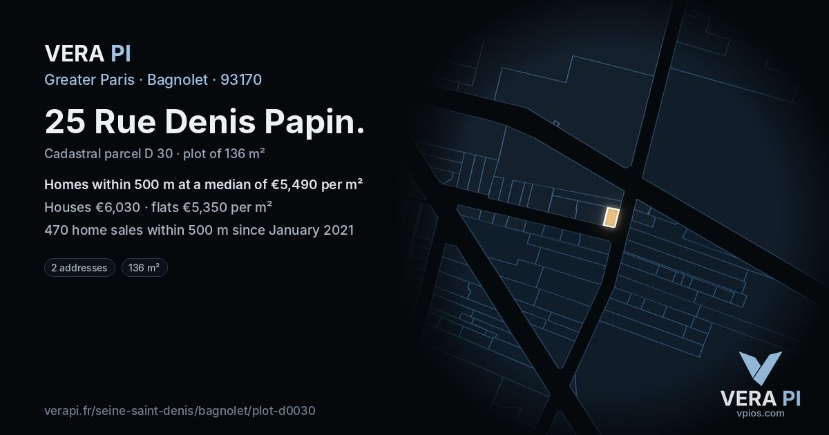 25 Rue Denis Papin, Bagnolet at night – the plot lit, the parcels around coloured by the prices near them