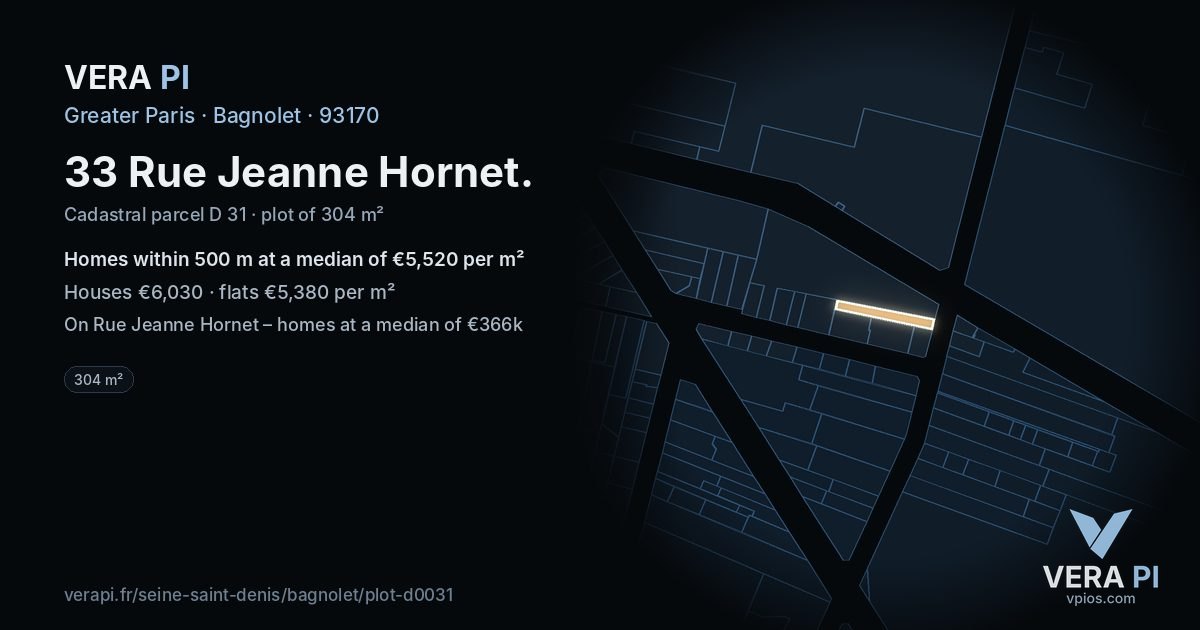 33 Rue Jeanne Hornet, Bagnolet at night – the plot lit, the parcels around coloured by the prices near them
