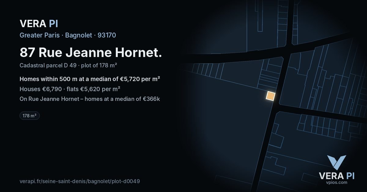 87 Rue Jeanne Hornet, Bagnolet at night – the plot lit, the parcels around coloured by the prices near them